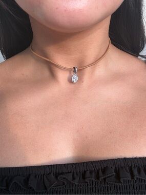 Pandora Leather Adjustable Tan Cord Choker Necklace with Sterling Silver Pendant
